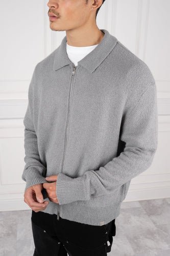 Relaxed Knitted Zip-Up Cardigan - Charcoal