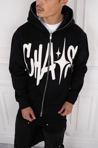 Chaos Puff Print Double Zip Hoodie - Black