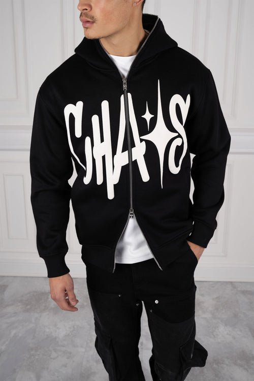 Chaos Puff Print Double Zip Hoodie - Black