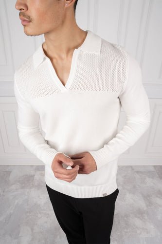 Slim Fit Long Sleeve Knitted Polo - Off White