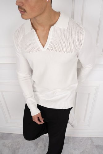 Slim Fit Long Sleeve Knitted Polo - Off White