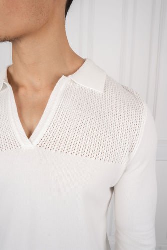 Slim Fit Long Sleeve Knitted Polo - Off White