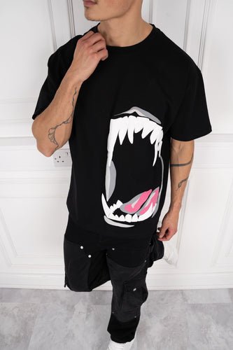 Jaws Puff Print Oversized T-Shirt - Black