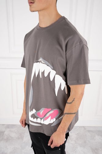 Jaws Puff Print Oversized T-Shirt - Charcoal