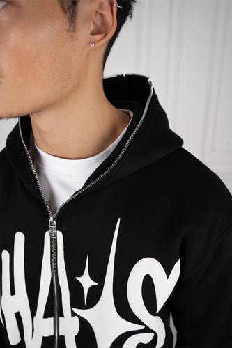 Chaos Puff Print Double Zip Hoodie - Black