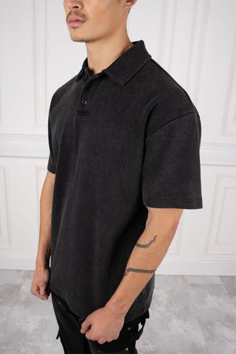 Ribbed Oversized Polo Shirt - Black