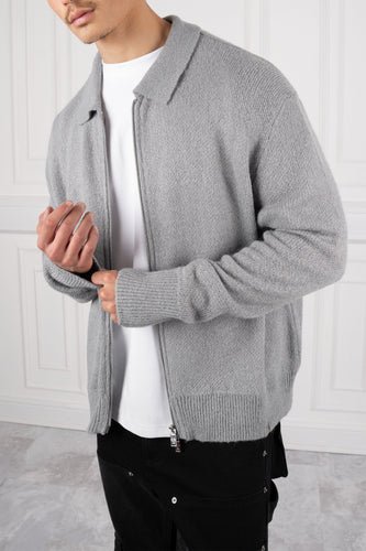 Relaxed Knitted Zip-Up Cardigan - Charcoal