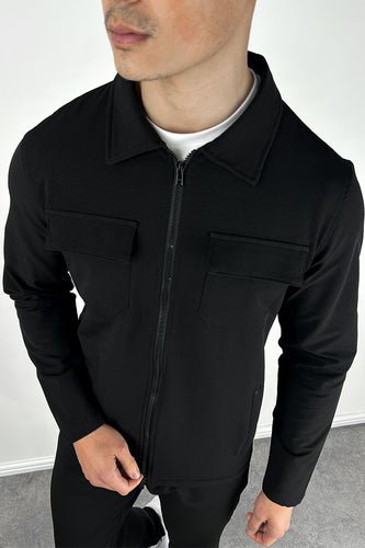 Tailored Cargo Zip-Up Overshirt - Black