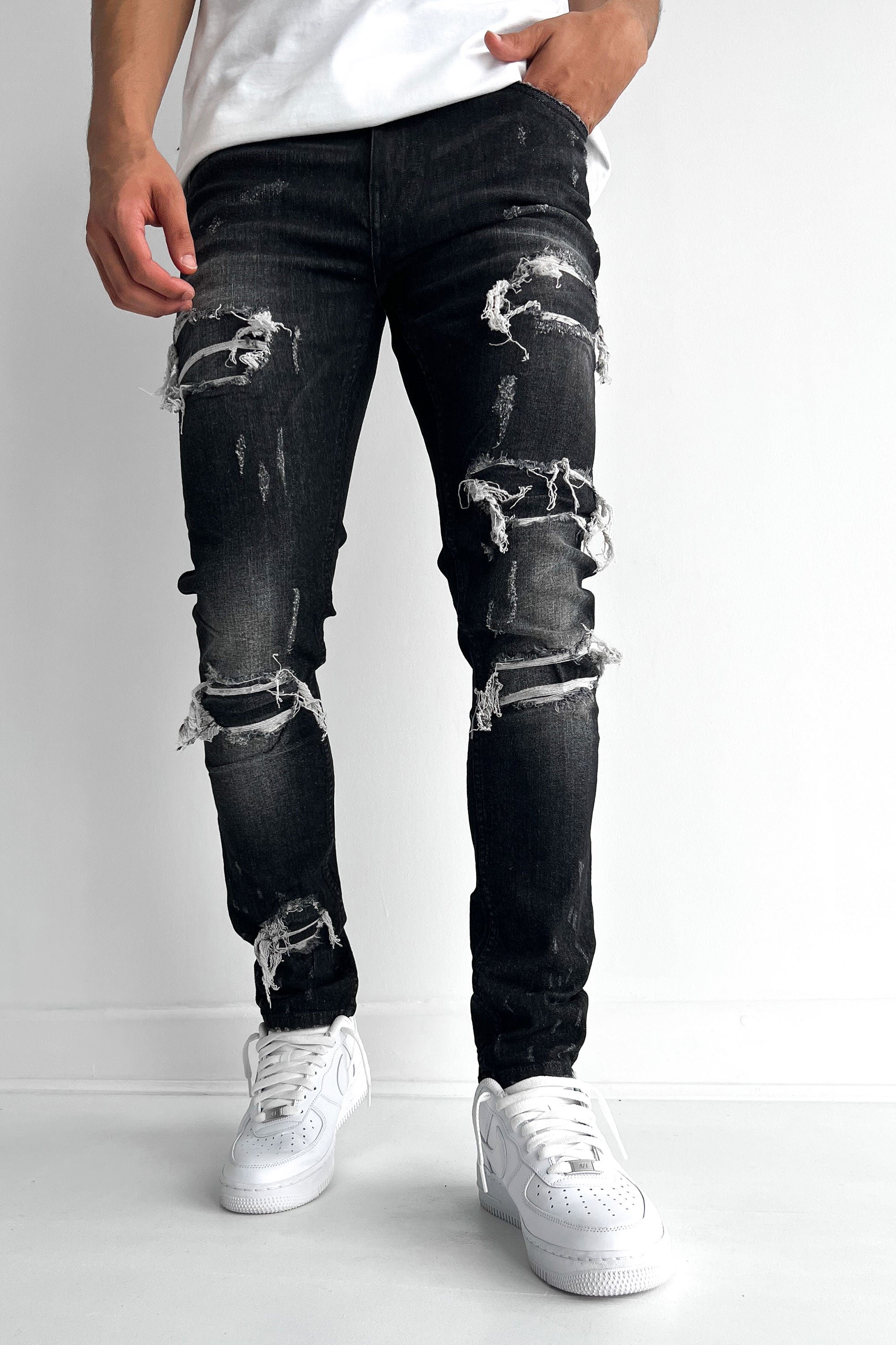 Distressed Slim Fit Jeans - Washed Black