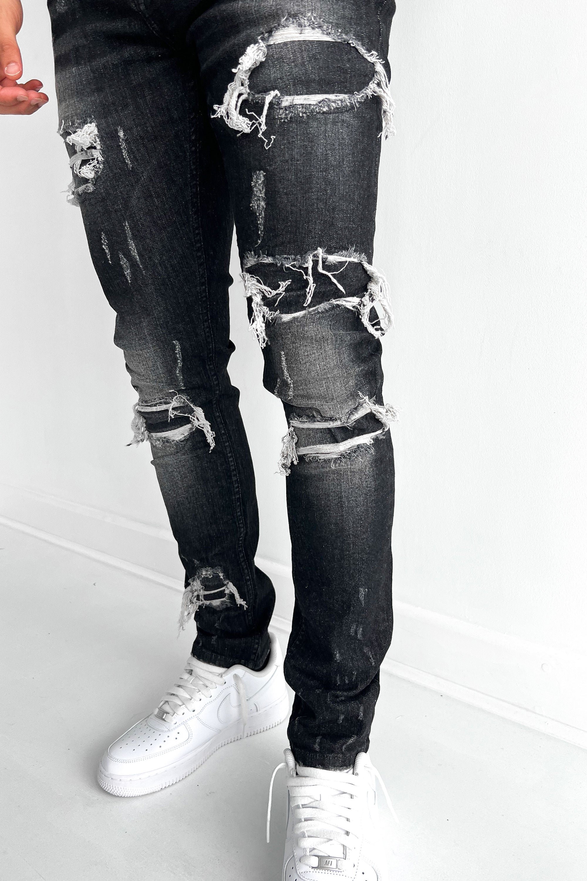 Distressed Slim Fit Jeans - Washed Black