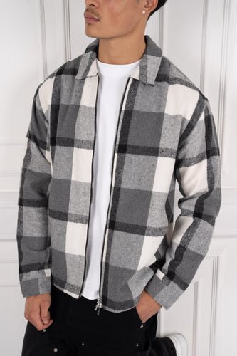 Boxy Checked Double Zip Shirt - Grey