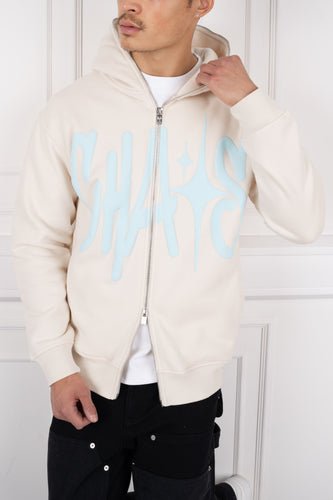 Chaos Puff Print Double Zip Hoodie - Stone