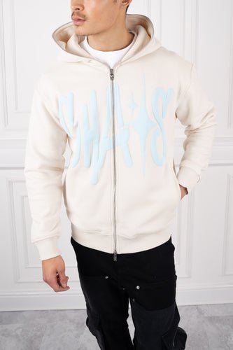 Chaos Puff Print Double Zip Hoodie - Stone