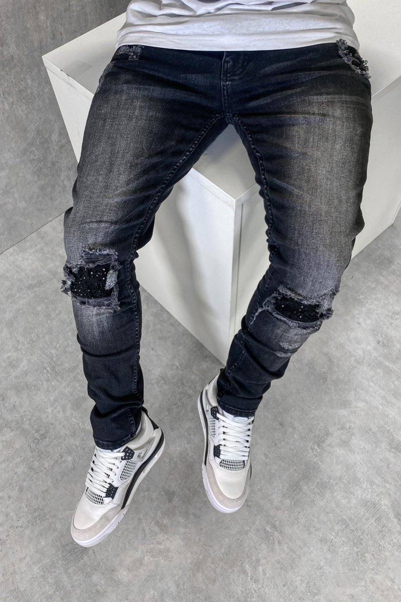 Stud Patch Slim Fit Jeans - Washed Black