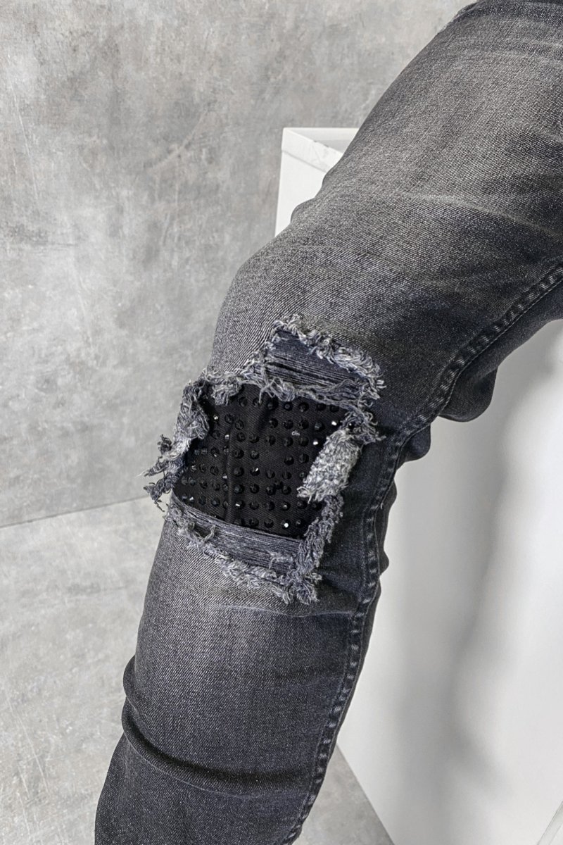 Stud Patch Slim Fit Jeans - Washed Black