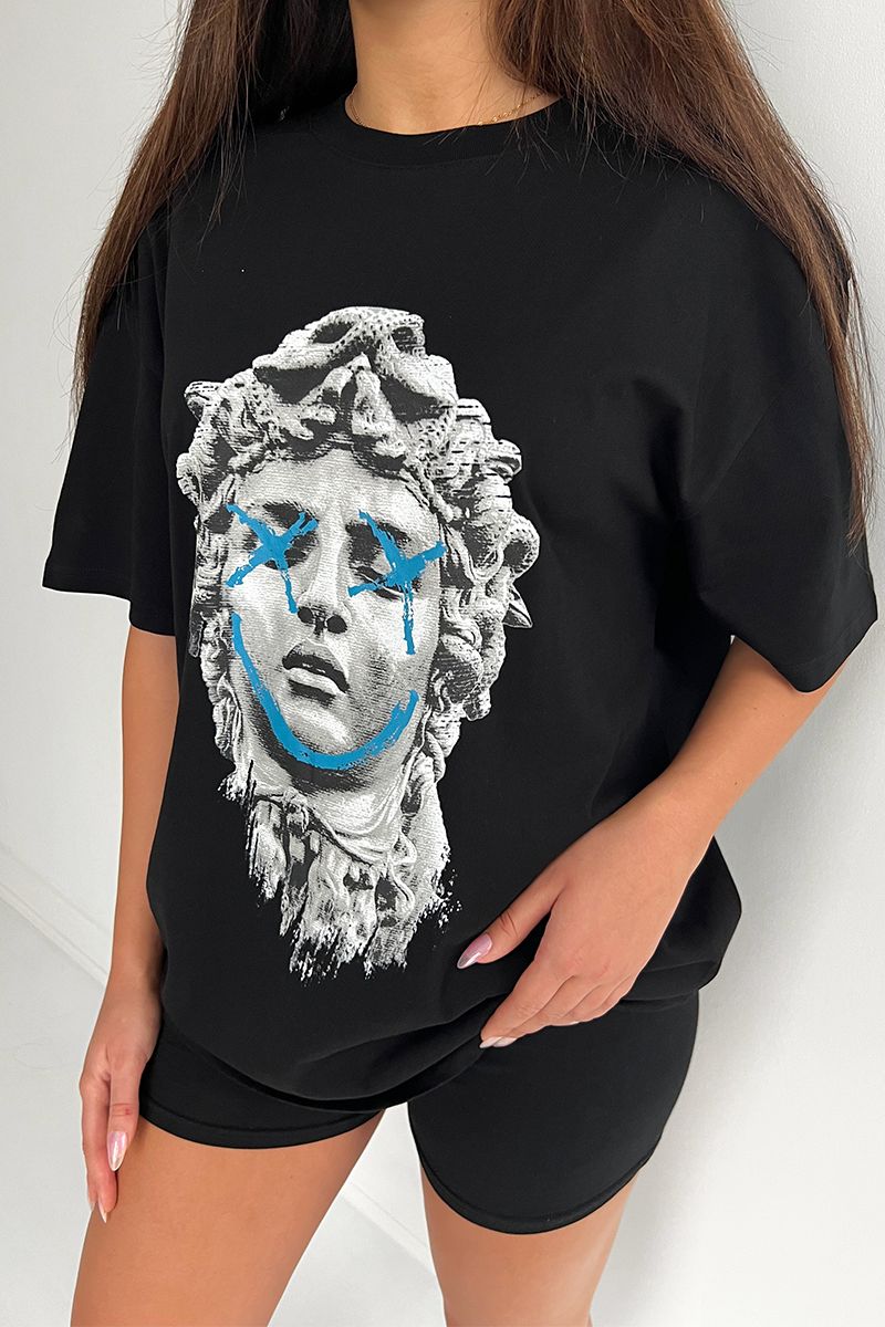 Womens Medusa Print Graffiti T-Shirt - Black