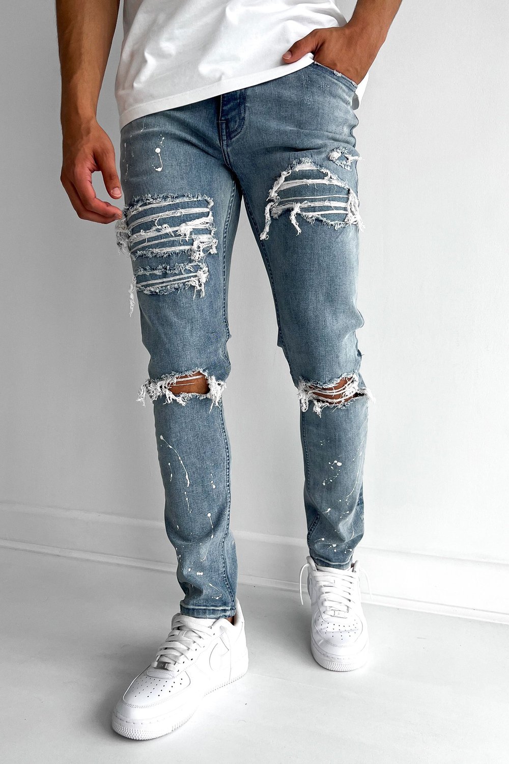 Distressed Slim Fit Jeans - Washed Blue – JK Attire